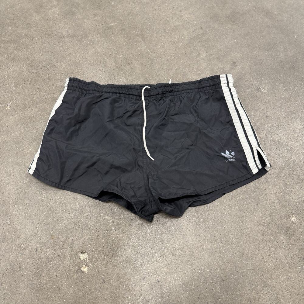 Vintage 80s Adidas Trefoil 3 Stripe Nylon Running Shorts Black Medium Drawstring